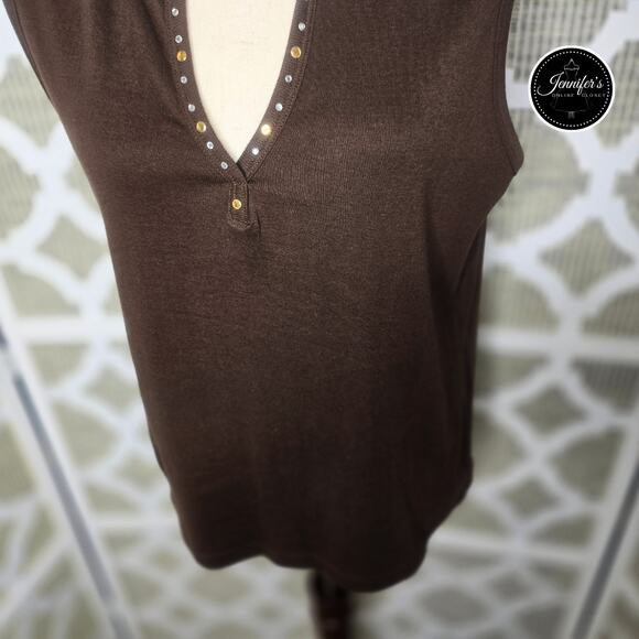 3/$25 Jason Maxwell Brown with Gold & Silver Studded Split Neck Sleeveless Top L - Picture 6 of 10